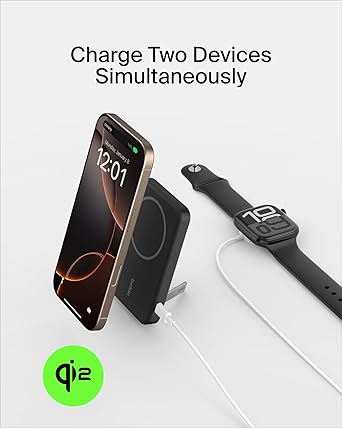 Belkin Portable Charger, Wireless Power Bank 15W 5000mAh w/ Qi2, MagSafe Charger + Built-in Pop-up Kickstand - iPhone 17, Air, Pro, Pro Max, AirPods, Apple Watch, Google Pixel 10, etc. - Black