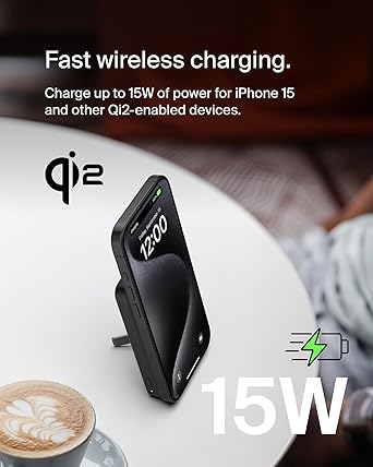Belkin Portable Charger, Wireless Power Bank 15W 5000mAh w/ Qi2, MagSafe Charger + Built-in Pop-up Kickstand - iPhone 17, Air, Pro, Pro Max, AirPods, Apple Watch, Google Pixel 10, etc. - Black