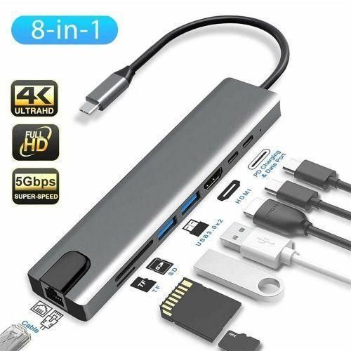 8-in-1 USB-C Docking Station RJ45 4K HDMI USB 3.0 Type-C Power for Windows and Macbook Laptop– Silver, grey