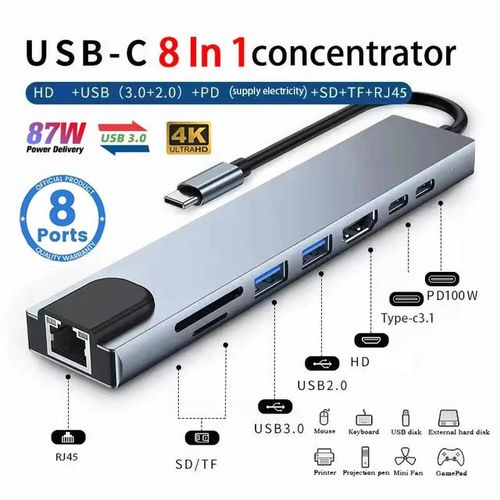 8-in-1 USB-C Docking Station RJ45 4K HDMI USB 3.0 Type-C Power for Windows and Macbook Laptop– Silver, grey