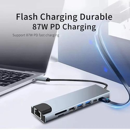 8-in-1 USB-C Docking Station RJ45 4K HDMI USB 3.0 Type-C Power for Windows and Macbook Laptop– Silver, grey