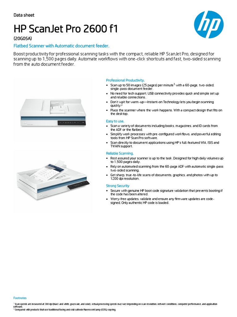HP ScanJet Pro 2600 f1 Document Scanner (7FH67A) High-Speed Duplex ADF