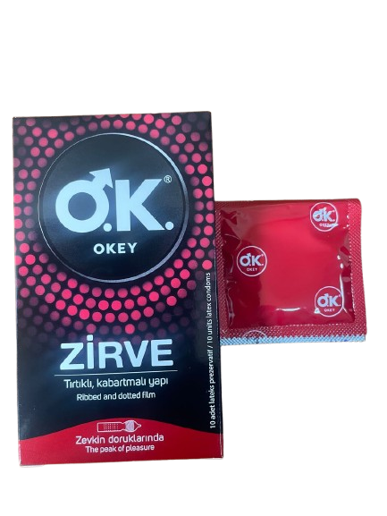Okey ribbed and dotted male condoms.10-pack