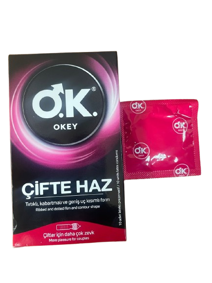 Okey ribbed and dotted contour-shaped male condom.10-pack