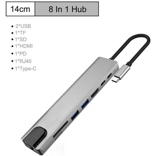 Travel USB 3.0 Connectivity Hub USB-C Adapter Laptop Docking Station With HD, Portable 8 Function Traveling Device - RJ45 Gigabit Ethernet, USB 3.0 Hub, 8 in 1 Type-C HUB HDMI USB Multiport Card Reader & PD Charging -Silver