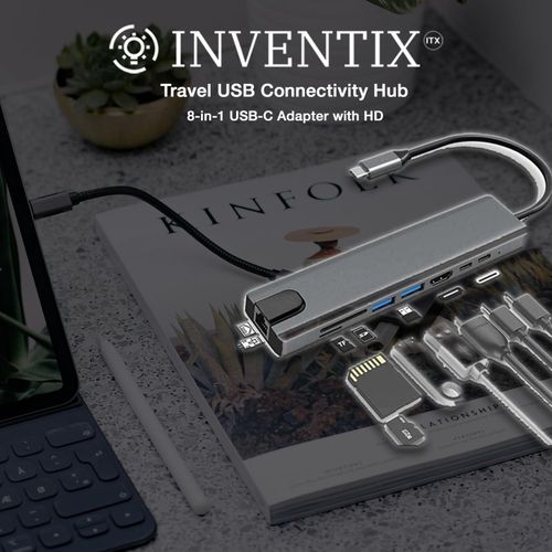 Travel USB 3.0 Connectivity Hub USB-C Adapter Laptop Docking Station With HD, Portable 8 Function Traveling Device - RJ45 Gigabit Ethernet, USB 3.0 Hub, 8 in 1 Type-C HUB HDMI USB Multiport Card Reader & PD Charging -Silver