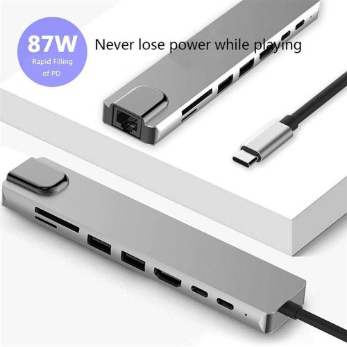 Travel USB 3.0 Connectivity Hub USB-C Adapter Laptop Docking Station With HD, Portable 8 Function Traveling Device - RJ45 Gigabit Ethernet, USB 3.0 Hub, 8 in 1 Type-C HUB HDMI USB Multiport Card Reader & PD Charging -Silver