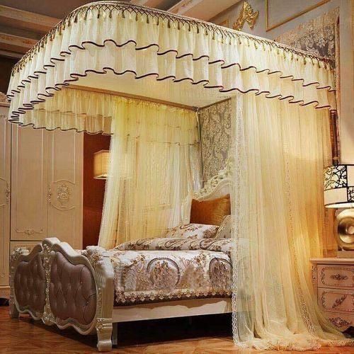 Two Stand Railed Mosquito Net - Cream, Top Design May Vary