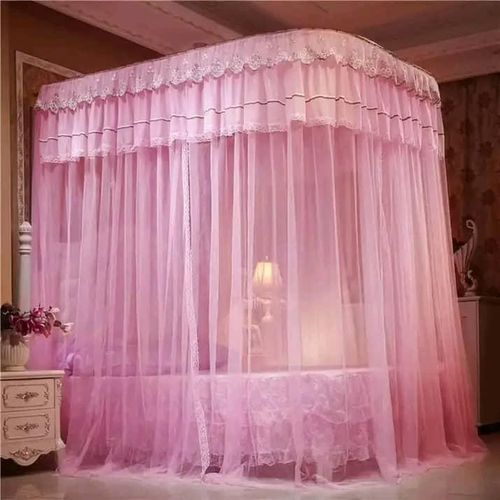 Rod Mosquito Net With 2 Stands & Retractable Guide Rail Premium Packaging Vary Design F1 Pink