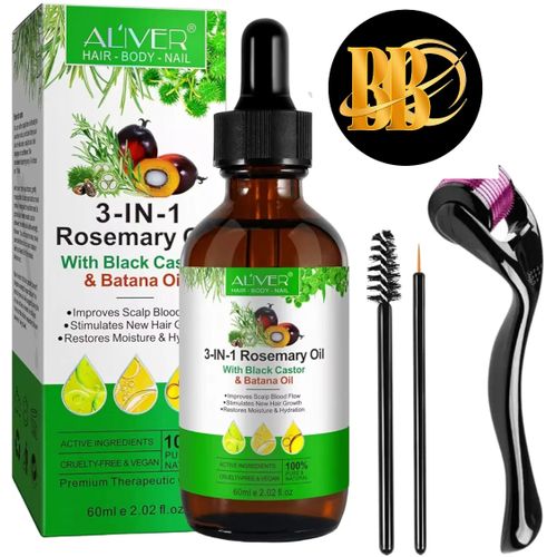 Aliver - 3 in 1 Rosemary Oil, Black Castor & Batana Oil For Hair Growth with Derma Roller 60mls