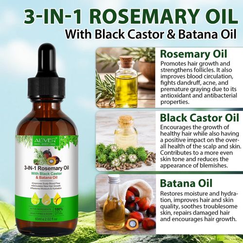 Aliver - 3 in 1 Rosemary Oil, Black Castor & Batana Oil For Hair Growth with Derma Roller 60mls
