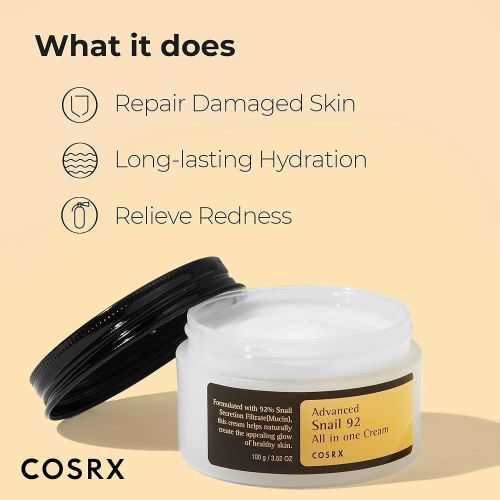 Cosrx Snail Mucin 92% Moisturizer 3.52oz/ 100g, Daily Repair Face Gel Cream for Dry, Sensitive Skin, Not Tested on Animals, No Parabens, No Sulfates, No Phthalates, Korean Skincare