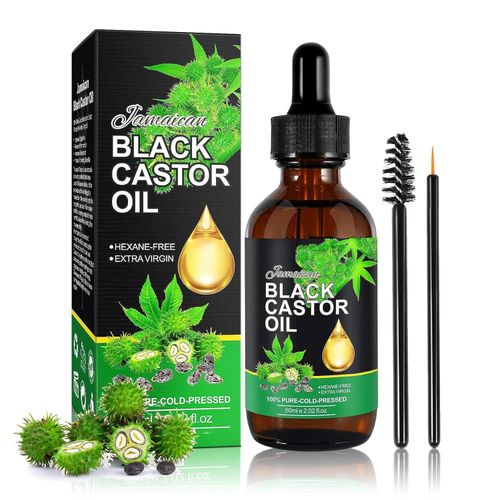 Jamaican Black Castor Oil Organic Cold Pressed Unrefined Glass Bottle 100% Pure Cold Pressed Organic Castor Oil for Hair Eyelashes Eyebrows Growth(60ML)