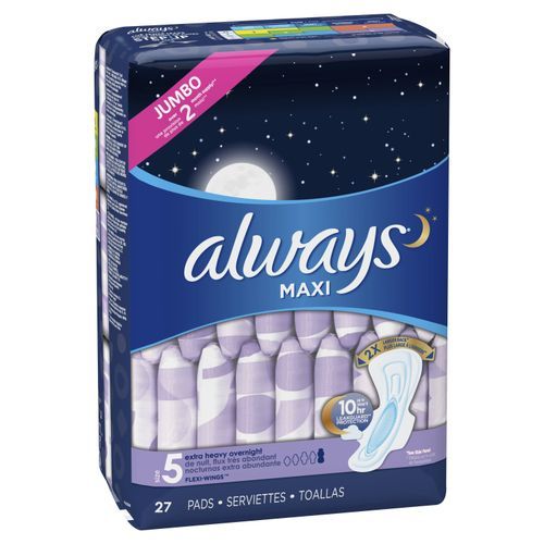 Always Maxi Extra Heavy Overnight Pads With Wings, Size 5 – 27 pieces (US)
