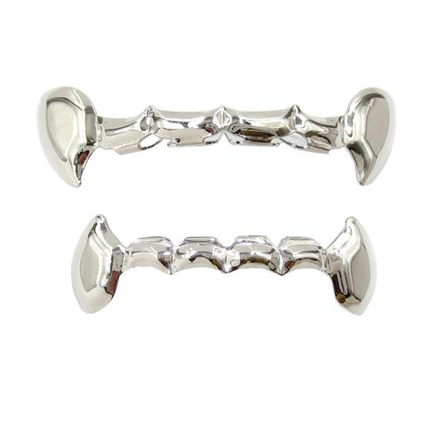Hip Hop Vampire Fangs Grill Gold Plated Top & Bottom Mouth Teeth Caps,Silver NO5111