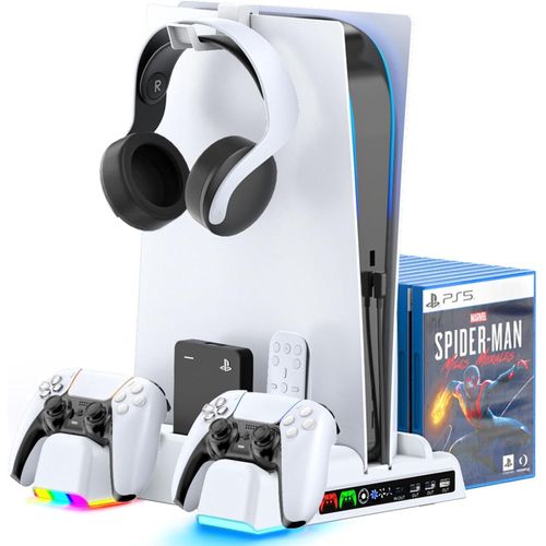 Rovio PS5 Cooling Stand with Charging Station and Suction Cooling Fan,Dual Controller Charger Station - White