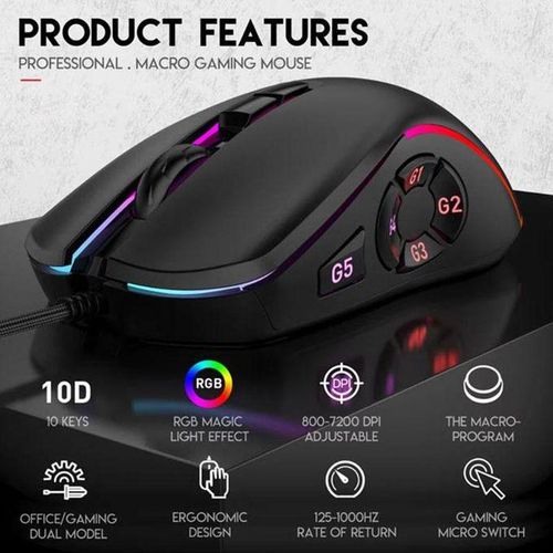 1PC Professional RGB 10 Keys Gaming E-Sports Optical Mechanical Wired Mouse 7200 DPI for PC Laptops black