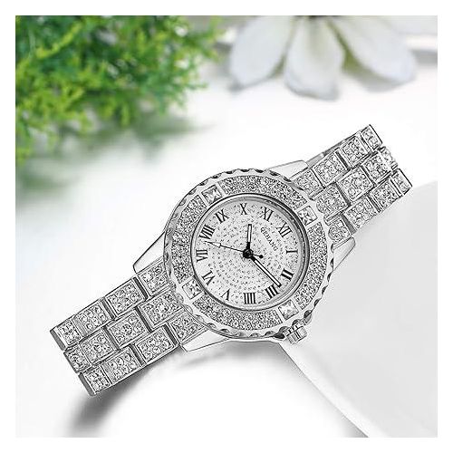 Gold Tone Alloy Quartz Watch Stylish Rhinestone Bling Dress Watch Wristwatches-Silver