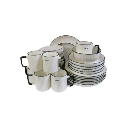 24pcs Of Black line Design Plates Bowls Cups Dinner Set - Cream.