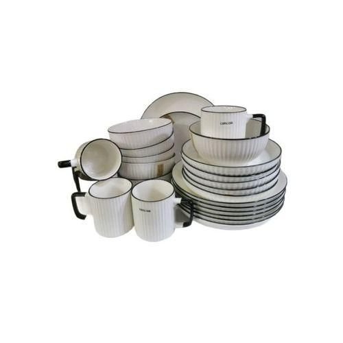 24pcs Of Black line Design Plates Bowls Cups Dinner Set - Cream.