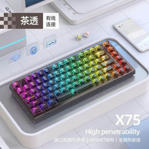 Technology X75 Wireless Mechanical Keyboard Bluetooth Transparent Gasket Customized Wired RGB Hot Plug Kaihua Jellyfish