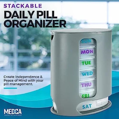 Weekly Pill Box 1 Pill Dispenser 7 Stackable Compartments Four Times a Day - Morning, Noon, Evening and Night Grey