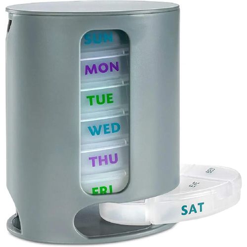 Weekly Pill Box 1 Pill Dispenser 7 Stackable Compartments Four Times a Day - Morning, Noon, Evening and Night Grey