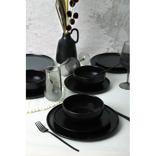 18 Piece Stoneware Matte Reactive Glaze Service for 6 Plates Side Plate And Bowls Dinnerware Tableware Set - Black