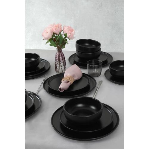 18 Piece Stoneware Matte Reactive Glaze Service for 6 Plates Side Plate And Bowls Dinnerware Tableware Set - Black