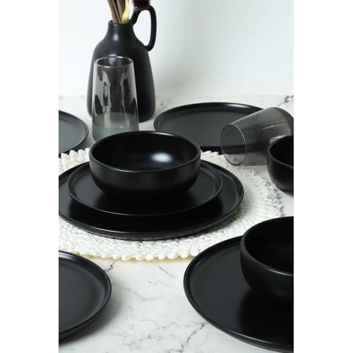 18 Piece Stoneware Matte Reactive Glaze Service for 6 Plates Side Plate And Bowls Dinnerware Tableware Set - Black