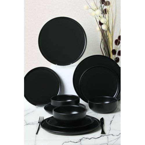 18 Piece Stoneware Matte Reactive Glaze Service for 6 Plates Side Plate And Bowls Dinnerware Tableware Set - Black