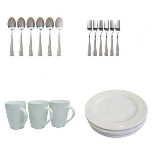 Set Of 6 Dinner Plates, Cups, Forks, Spoons - White