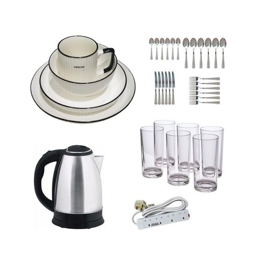 Bundle Of 24 Dinner Set, Electric Kettle, Extension, Drinking Glasses &  Cutlery - Multi