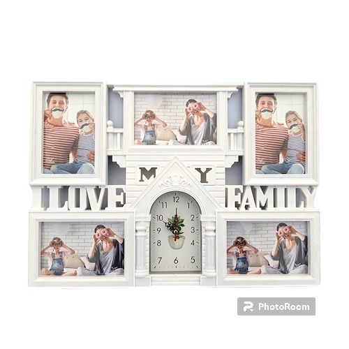 Siamese Wall  clock Hanging PVC Picture Frame -familyPhoto Frame - Requires 3 x 7 x 5 Inch Photos and 2 x 10 x 10 Inch Photos - White