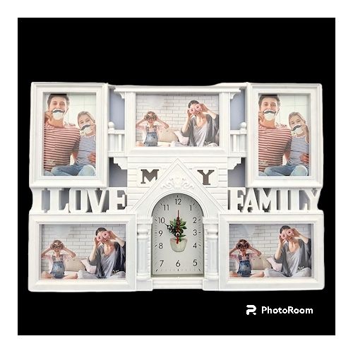 Siamese Wall  clock Hanging PVC Picture Frame -familyPhoto Frame - Requires 3 x 7 x 5 Inch Photos and 2 x 10 x 10 Inch Photos - White