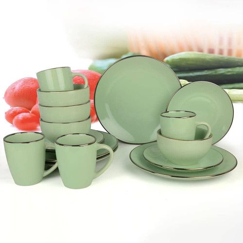 16-Piece Ceramic Stoneware Metallic Rim Dinner Plates Set Dessert Sideplates Cups Bowls Dinnerware Set- Green