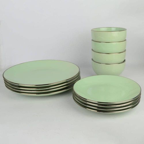 16-Piece Ceramic Stoneware Metallic Rim Dinner Plates Set Dessert Sideplates Cups Bowls Dinnerware Set- Green