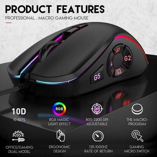 1PC Professional RGB 10 Keys Gaming ESports Optical Mechanical Wired Mouse 7200 DPI for PC Laptops black