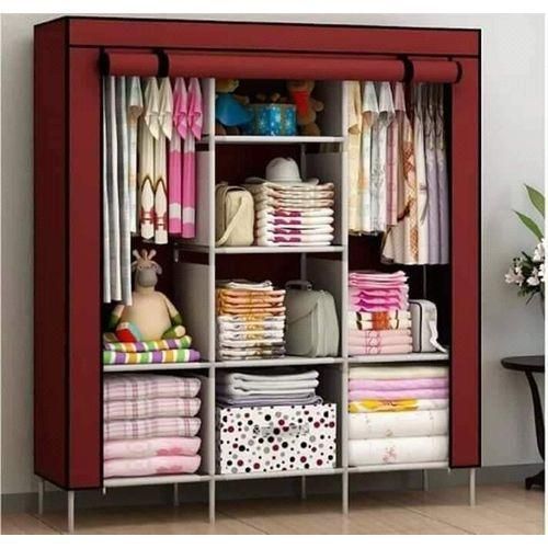 Column Metallic Flame Wardrobe With Cloth On & Zip - Maroon Winered Brown
