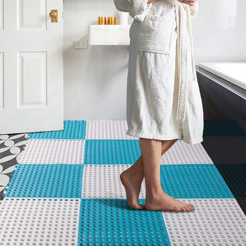 20Pcs Interlocking Soft PVC Floor Tiles, No-Slip Pool Shower Bathroom Kitchen Mat with Drain Hole 11.8'' x 11.8'' Decking Tiles Outdoor and Indoor (20Pcs Blue)
