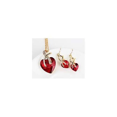 17KM Gold Plated Heart Shaped Necklace & Earrings Set  -Red