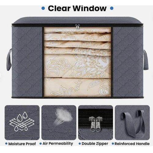 3-Pack Clothes Storage, Foldable Blanket Storage Bags, Storage Containers For Organizing Bedroom, Closet, Clothing, Comforter, Organization And Storage With Lids And Handle, Gray