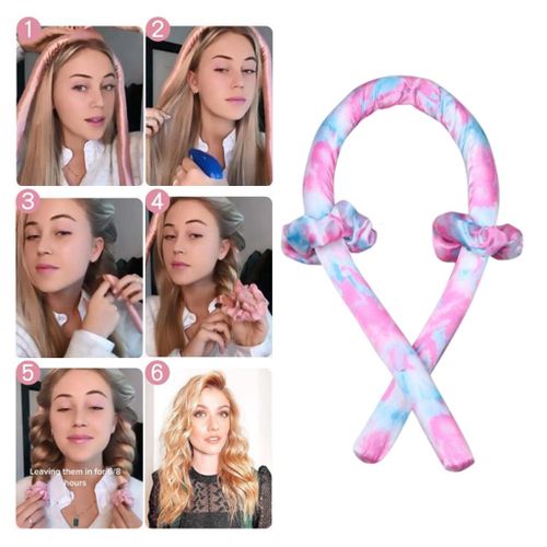 Women Heatless Curling Rod Headband Silk Ribbon Soft Wave Pink Tie-Dye