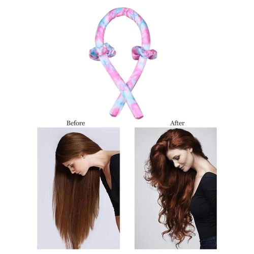 Women Heatless Curling Rod Headband Silk Ribbon Soft Wave Pink Tie-Dye