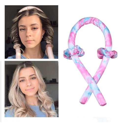 Women Heatless Curling Rod Headband Silk Ribbon Soft Wave Pink Tie-Dye