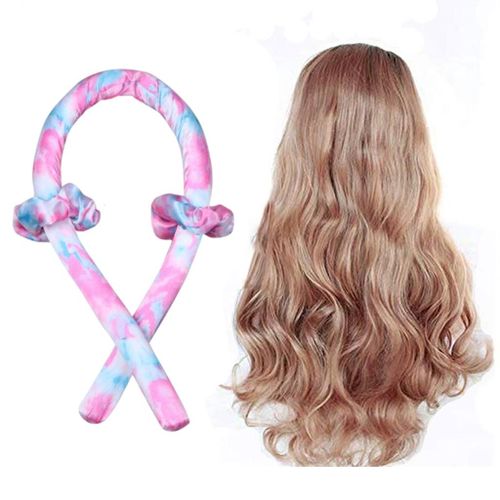 Women Heatless Curling Rod Headband Silk Ribbon Soft Wave Pink Tie-Dye