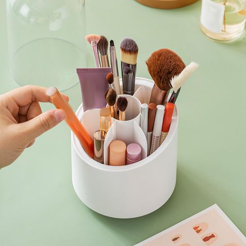 Rotating Makeup Brush Holder 6 Compartments Pen Cup Desk White no Lid