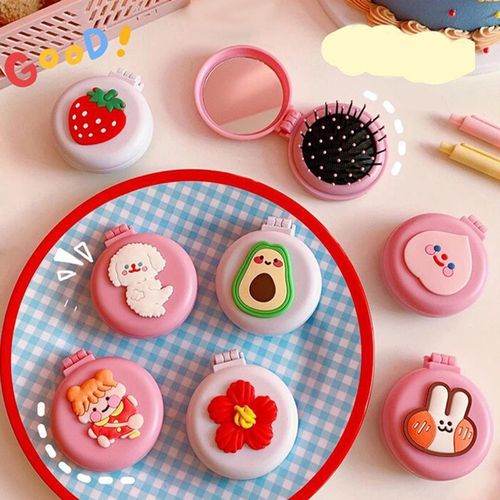 Small Mirror With Brush Portable Travel Mirror Hair Peach