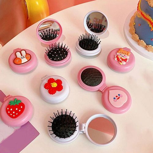 Small Mirror With Brush Portable Travel Mirror Hair Peach