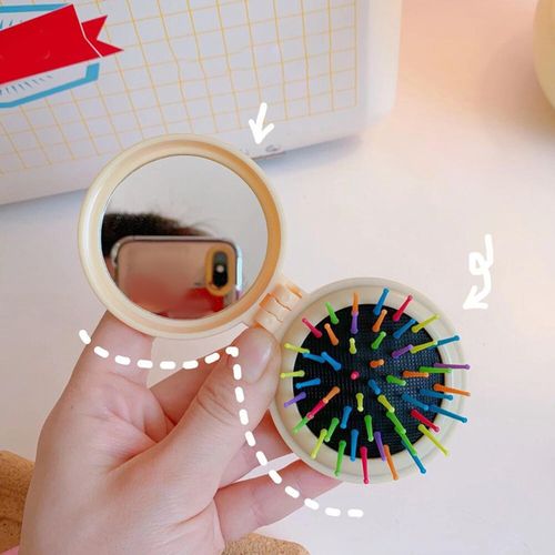 Small Mirror With Brush Portable Travel Mirror Hair Peach